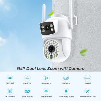 6MP 4K PTZ WIFI камера Външно домашно наблюдение IP видеонаблюдение Двоен обектив Цвят Нощно виждане Автоматично проследяване Защита на сигурността iCSee