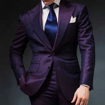Елегантни мъжки костюми 2023 Нова мода Официален връх ревера тънък годни лилав смокинг младоженец 2 парче комплект сватба за мъже (яке + панталони)