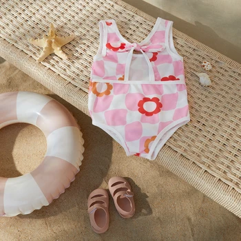 BeQeuewll бебе момиче бански лято цветен печат възел силует без ръкави гащеризон плажно облекло за малко дете бански костюми