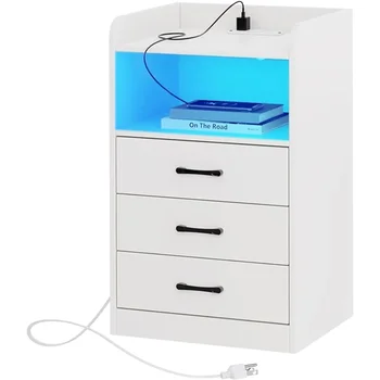 Нощно шкафче за спалня с зарядна станция и LED светлинни ленти Мебелна крайна маса с USB портове и изходи