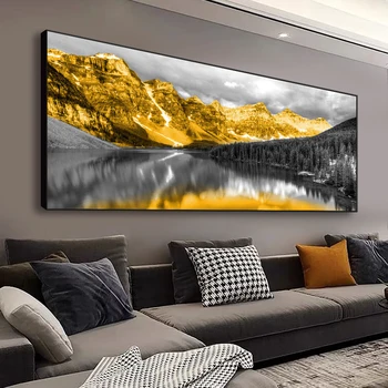 Голям размер Златни планини Черно езеро платно живопис модерни пейзажни картини за хол стена арт отпечатъци плакат декор
