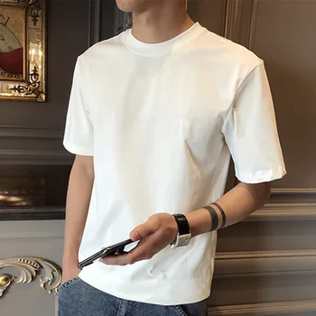 Лято нова мъжка тениска с къс ръкав обло деколте корейска версия тънка кройка ежедневна базова риза млади студенти плътни дрехи
