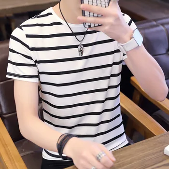 Лято нова мъжка тениска с къс ръкав обло деколте корейска версия тънка кройка ежедневна базова риза млади студенти плътни дрехи 2