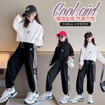 Girls Casual Set 2024 Пролет и есен Тийнейджърска мода Stand Up Neck Top и клинове Комплект от две части Детско спортно облекло