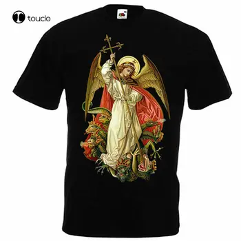 Св. Архангел Михаил Унищожи дявола. Тениска с християнска католическа статуя. Лятна памучна мъжка тениска с къс ръкав O-образно деколте Ново