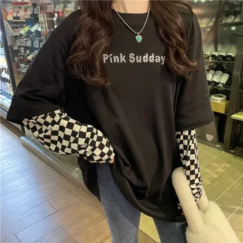 Дамски фалшиви две части карирана тениска с дълъг ръкав пролет есен нов шик мода женски черен кръг врата пуловер суитчъри
