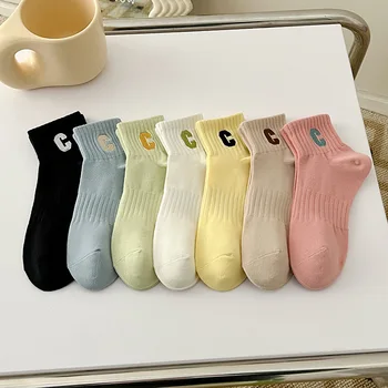 C писмо бродирани чорапи дамски японски тичане памук спортни чорапи случайни всички мач тръба чорапи 3
