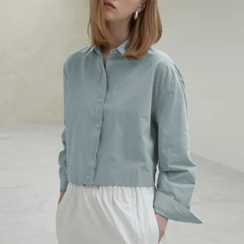 100% памук блузи с дълъг ръкав за жени твърди завой надолу яка бутон нагоре изрязани върхове Улично облекло стилен ежедневни блузи ризи