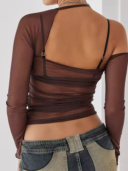 Дамска тениска дълъг ръкав Halterneck без гръб цвете тънък годни отвесни върхове Clubwear