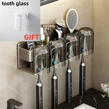 Punch безплатно стена монтирани електрически четка за зъби притежателя паста за зъби брада бръснач чаша за съхранение кука пространство спестяване аксесоари за баня