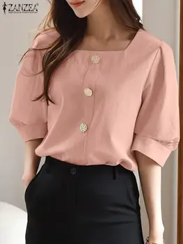 2023 ZANZEA лятна елегантна блуза жени квадратно деколте празнична риза половин ръкавица твърди туника върховете мода случайни парти работа Blusas