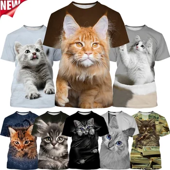 Kawaii Cat Tee Shirts Funny Kids Tops 3D Animal Puss Printed T-shirt Men Round Neck Short-sleeve Pop Streetwear Womens Clothing