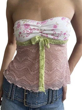 цветен печат без презрамки тръба отгоре с дантела пачуърк и гръб дизайн - Y2K тънък корсет Bandeau жилетка за жени