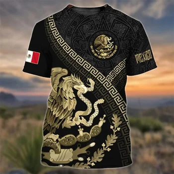 Мексико национален флаг печат тениска за мъже мода 3D орел модел къс ръкав извънгабаритни тениска свободно време O-образно деколте Tee Streetwear