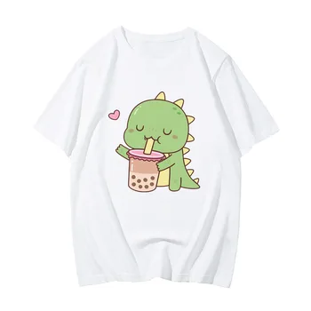 Dinosaur Bobo млечен чай графична тениска 100% памук къс ръкав мъжки тениска Kawaii карикатура печат тениска случайни мъжки ризи