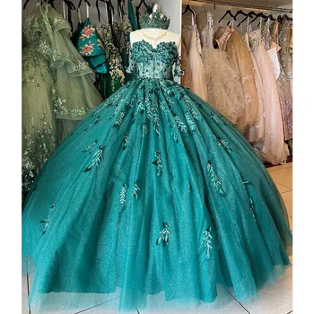 Emerald Green Illusion 3D Flowers Ball рокля Quinceanera Dresses Off The Shoulder Sequined Appliques Corset Vestidos De 15 Años