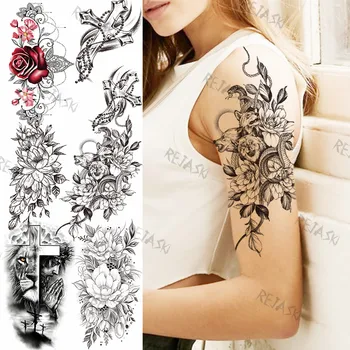 реалистични змия змия цвете временни татуировки за жени момиче роза лотос фалшив татуировка стикер ръка кръст лъв Tatoo паста