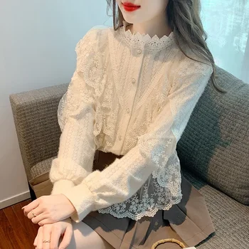 Корейска дантелена риза с дълъг ръкав Дамска дантелена подложка риза елегантна френска блуза жени къдри хлабав случайни върхове улично облекло
