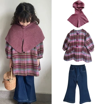 Детско вълнено палто 2023 Зимна марка дизайн момичета сладък кариран топло дебело яке връхни дрехи