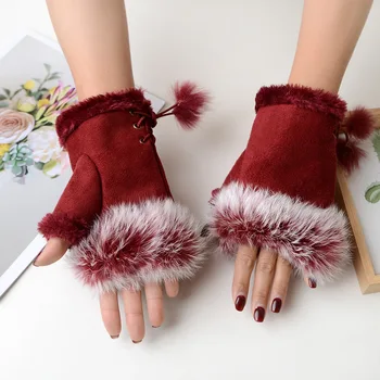 1 чифт зимни жени топли ръкавици секси изкуствена заек кожа ръка китката топло без пръсти ръкавици половин пръст еластична ръкавица