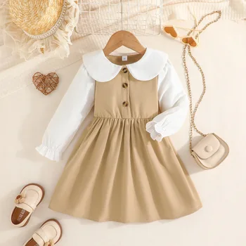 Рокля на сладко момиче 2023 Есенна кукла яка памук дълъг ръкав бебешка рокля