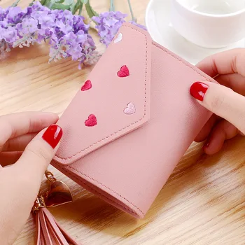 японски многофункционален дамски мини портфейл бонбони цвят сърце форма бродерия жени къс портфейл сладък монета чанта карта пакет