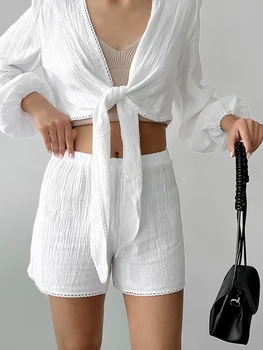 Marthaqiqi секси дамски пижами костюм v-образно деколте спално облекло дантела нагоре нощно облекло дълъг ръкав нощници шорти памук nightie 2 парче комплект 2