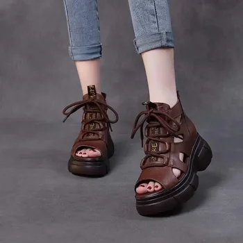 Casual Med Heel Дамски сандали за жени мода лято твърди дантела нагоре каучук дамски обувки квадратни пръсти кръстосано обвързани дамски сандали