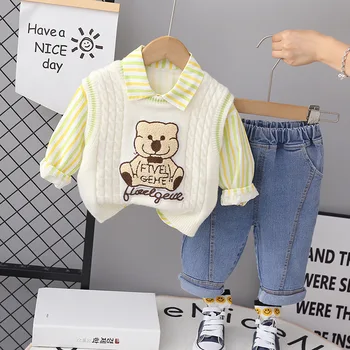 Бебешко облекло Есен и зима Нов детски спортен комплект Момчешка малка мечка пуловер Прост случаен комплект от три части