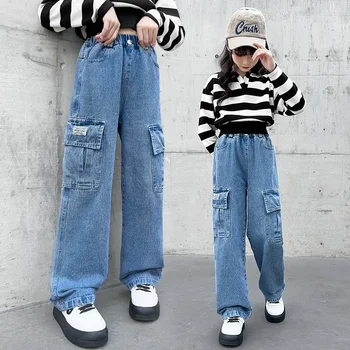 Casual Straight Училище Детски панталони Модни карго дънки за момичета Пролет 2023 Син джобен дизайн тийнейджърски детски карго панталони