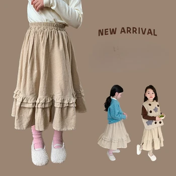 2023 Нова модерна есен средата дължина каре плътен цвят дантела случайни проста пола детски дрехи момичета пола корейски
