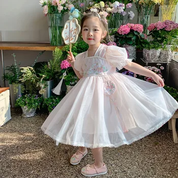 Детски дрехи 2023 Лятна рокля на ново момиче Розова рокля на принцеса ханфу