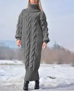Дамски дълги ръкави пуловер рокли плета плътен цвят дълъг ръкав високо деколте хлабав зимна рокля