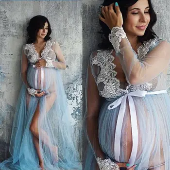 Дантела V-образно деколте кухи рокли за майчинство за фотосесия бременна жена дрехи дълги дължина фотография подпори
