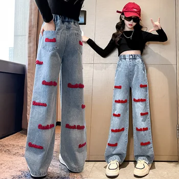 Girls Spring Hot Sale Jeans Kids Towel Embroidered Denim Wide-leg Pants For Children Casual Clothes Trousers 6 8 10 12 14Years