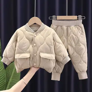 Нови детски бонбони цвят джоб дебело палто топло подплатено яке + хлабав удобен мек памук връзвам крака панталони зимен костюм