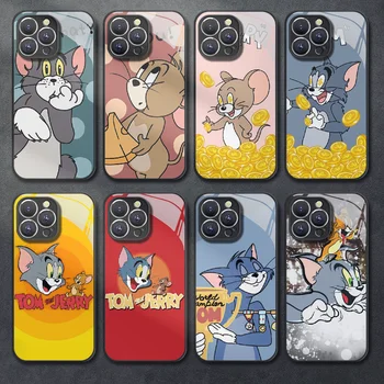 Cat Mouse Tom Jerry Калъф за телефон от закалено стъкло за iPhone 11 12 13 14 15 Pro Max X XR XS Max 7 8 Plus Mini Bumper Cover