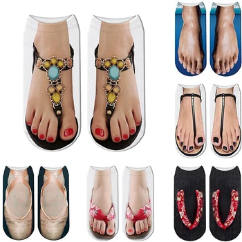 Смешни дамски чорапи 3D-отпечатани анимационни джапанки Дамски балетни обувки отпечатани творчески цветни щастливи ниски сладки чорапи до глезена