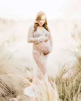 Нова бременна жена майка секси дантела перспектива дълга бременна жена рокля