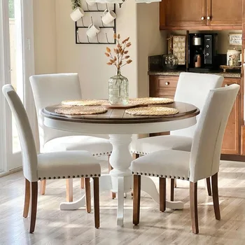 Тапицирани столове за хранене Parsons Комплект от 4, плат трапезария кухня страничен стол с нокти тапицерия и дървени крака - бежово 0