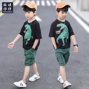 2023 Fashion Boy Baby Children Clothing Summer Clothe New Baseball Dinosaur Тениска с къс ръкав + Шорти 2-бр Комплект 4 5 6 8 12Y