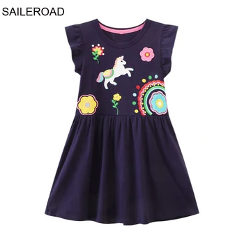 SAILEROAD 2-7Y 2023 Нова принцеса памук летни деца къс ръкав цветя еднорог рокли деца за момичета пола дрехи