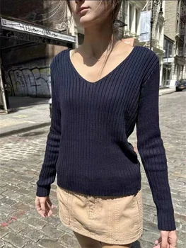 Реколта дамски пуловер 2023 зимна мода дами случайни пътуващи дълги ръкави v-яка твърд пуловер за дамски връхни дрехи