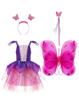 Kid Girls Хелоуин фея косплей костюм карнавал тема парти изпълнение Tiered окото рокля с пеперуда крила коса обръч пръчка
