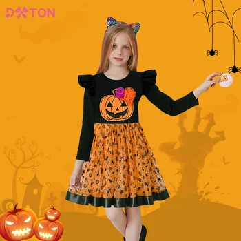 DXTON Хелоуин рокля за деца момичета малки деца тиква паяк вещица печат Пачка принцеса рокли Детски косплей костюми Парти рокля