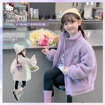 Аниме Sanrioed Kuromi Y2K агнешко вълнено палто момиче есен зима висококачествени нови деца корейска мода плюс памук удебелени дрехи
