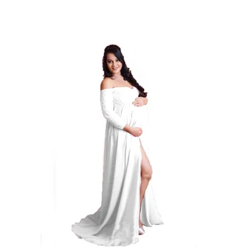 Нова майчинство дантела рокля за фотосесия бременна рокля бременност рокля фотография подпори Една дума яка дълъг ръкав цепка рокля
