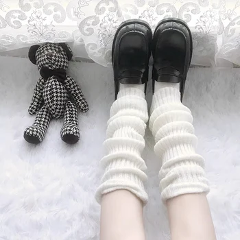 Есен Зима мода случайни крак нагреватели плътен цвят плетене на една кука чорапи трикотажни топло крак покритие Лолита дълги чорапи жени ботуши маншети