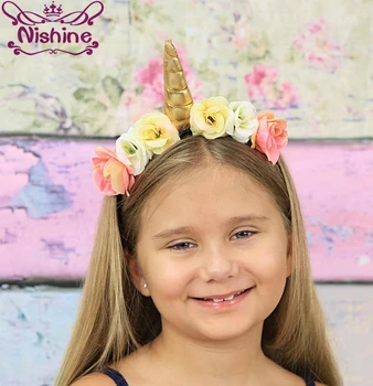 Nishine Rainbow Unicorn Horn Hairband Kids Flower Unicorn лента за глава Glitter Лента за коса Великденски бонус за парти подарък аксесоари за коса
