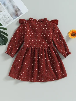 Baby Girls Swiss Dot Ruffles Buttons Long Sleeve Dress - очарователни есенни ежедневни дрехи за вашата малка принцеса